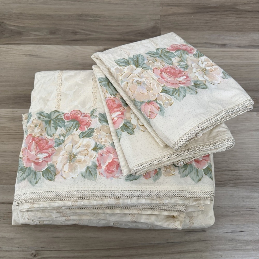 Vintage 1986 Eileen West 4PC KING Sheet Set Tan Gold Floral Cottage Farmhouse‎